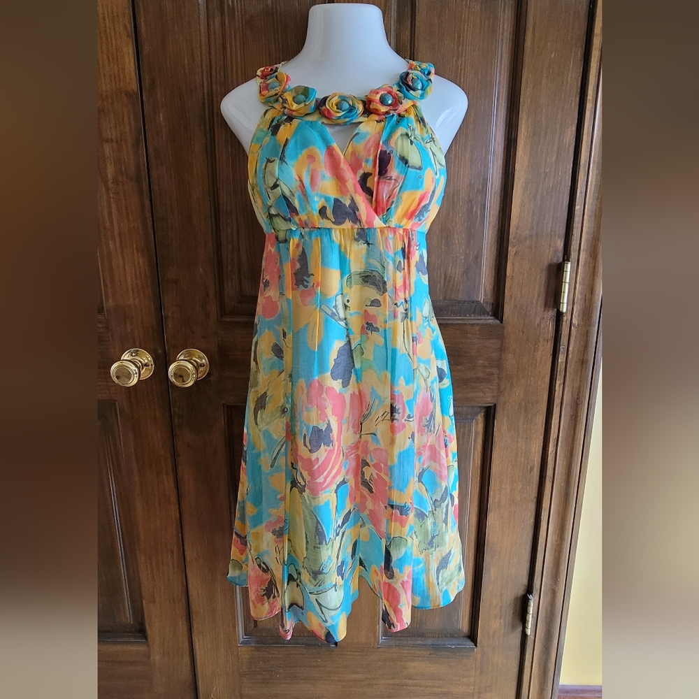 Jax Sz 4 Dress Orange Teal Yellow Black Green P2P 16 W 29 L 22